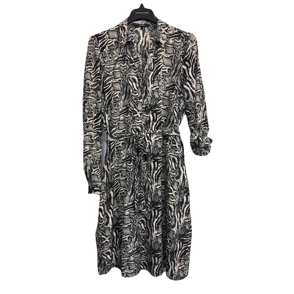 Vero Moda Animal Print Long Roll-up Sleeve Shirt Dress Womens Sz L Black‎ Belted